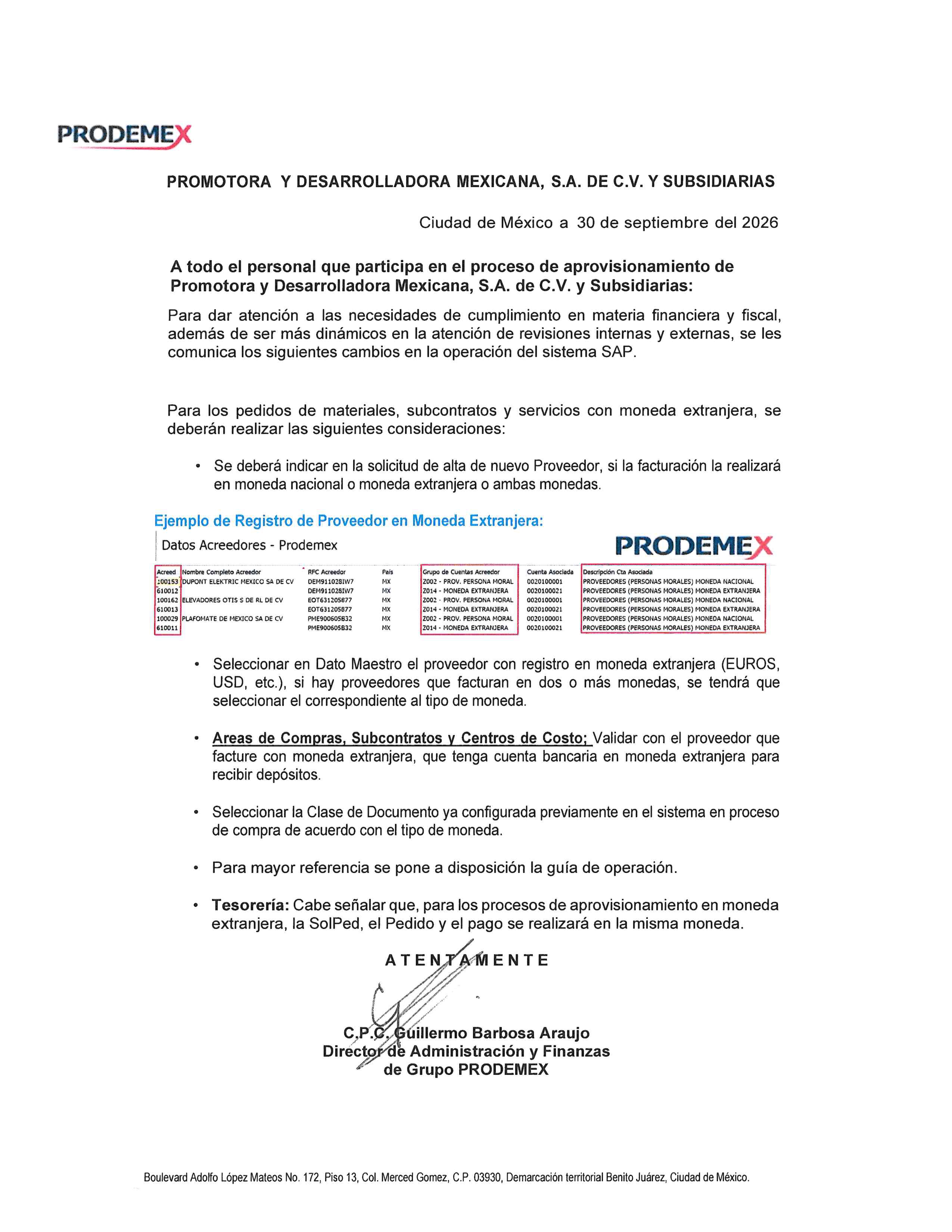 Comunicado a proveedores